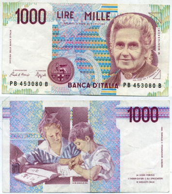 Италия 1000 лир 1990 Мария Монтессори Pick 114а бумага 7218-9-1