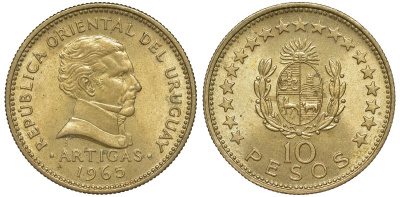 Уругвай 10 песо 1965 KM 48 алюминиевая бронза 4574-931