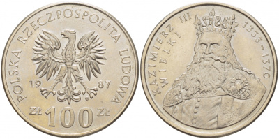 Польша 100 злотых 1987 MW, серия Польские короли, король Казимир III Великий (1333-1370) KM 167 медно-никель 3996-114