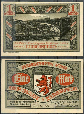 Германия, Эльберфельд 1 марка 1922 нотгельд, городские виды, серая Mehl 324.1 бумага UNC (пресс) 00-00