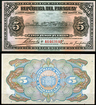 Парагвай 5 песо 1923 Асунсьон, Oficina de Cambios, Mariano B. Moreschi & Pablo M. Insfran Pick 149 a (3)  бумага  aUNC 000-00-00