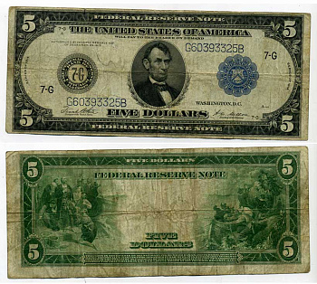 США 5 долларов 1914 Чикаго (7G), Авраам Линкольн, голубая серия, подпись WHITE-MELLON Pick 359b бумага 451-197-1