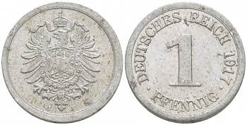 Германия 1 пфенниг 1917 J KM 24, J. 300, Weege 2 алюминий aUNC 110-223