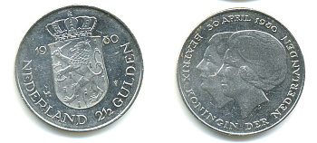 Нидерланды 2 1/2 гульдена 1980 коронация Беатрикс, 30 апреля 1980 KM 201 никель 84-1224