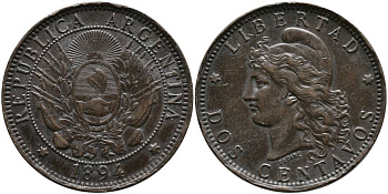 Аргентина 2 сентаво 1894 голова свободы влево KM 8 бронза 4531-1213