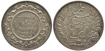 Тунис 1 франк 1891 AH 1308, Али III ибн аль-Хусейн KM 224 серебро 4523-725