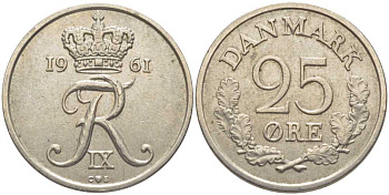 ДАНИЯ 25 ЭРЕ 1961 С;S, ФРЕДЕРИК IX (1947-1972) KM 850 медно-никель 202-726