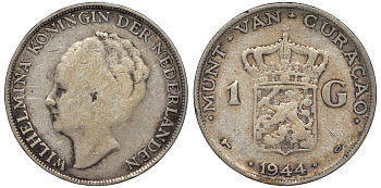 Нидерландское Кюрасао 1 гульден 1944 D, Вильгельмина (1890-1948) KM 45 серебро 36-451