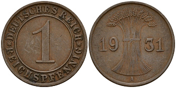 Германия 1 рейхспфенниг 1931 A KM 37, J. 313 бронза 192-961