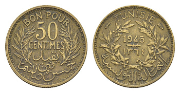 Тунис 50 сантимов 1945 KM 246 алюминиевая бронза 4596-741