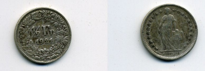 Швейцария 1/2 франка 1921 В KM 23 серебро 36-854