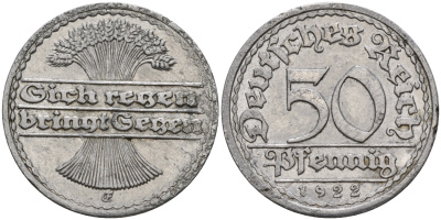 Германия 50 пфеннигов 1922 G KM 27,  J. 301 алюминий    4153-523