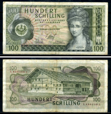Австрия 100 шиллингов 1969 Анжелика Кауфманн, "Монфор" герб Форарльберга Pick 145a бумага 8590-3-2-2