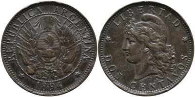 Аргентина 2 сентаво 1894 голова свободы влево KM 8 бронза 4531-1213