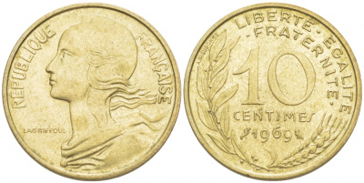 ФРАНЦИЯ 10 САНТИМОВ 1969 ТИП MARIANNE KM 929 медь алюминий никель 4516-842