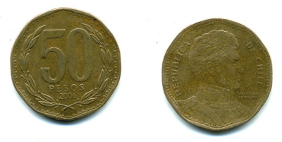 Чили 50 песо 2006 Бернардо О’Хиггинс KM 219.2 алюминиевая бронза 35-341