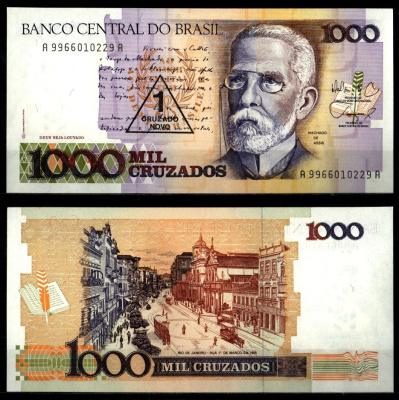 Бразилия 1000 крузадо ND (1989) Жоакин Мария Машаду ди Ассис, Улица 1-го марта (Рио-де-Жанейро, 1905 г.), серия AA, надпечатка на 1000 крузадо Pick 216 a бумага UNC (пресс) 2119-44-2-1