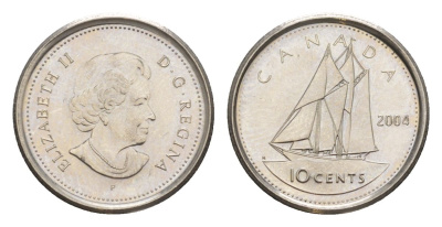 Канада 10 центов 2004 P, Елизавета II (1952-2022), парусник KM 492 сталь плакированная никелем UNC 4630-856