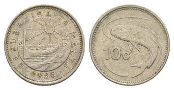 Мальта 10 центов 1986 золотая макрель KM 76 медно-никель 4633-626