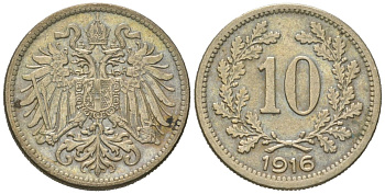 Австрия 10 геллеров 1916 Франц Иосиф I (1848-1916), императорский герб KM 2822 медь цинк никель 192-315