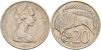 Новая Зеландия 20 центов 1979 Елизавета II (1952-2022), птичка киви KM 36.1 медно-никель 4131-1135