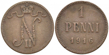РОССИЯ ДЛЯ ФИНЛЯНДИИ 1 ПЕННИ 1916 НИКОЛАЙ II (1895-1917) KM 13, Биткин 476 медь 211-1046
