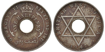 Британская Западная Африка 1/2 пенни 1947 H, Георг VI KM 18 медно-никель 25-1431