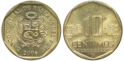 Перу 10 сентимо 2008 KM 305.4 латунь aUNC 4605-632