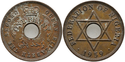 Нигерия 1 пенни 1959 Елизавета II (1952-), Британский протекторат KM 2 бронза 51-2457