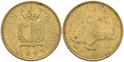 Мальта 1 цент 1995 ласка, горностай KM 93 никель латунь 4585-1225