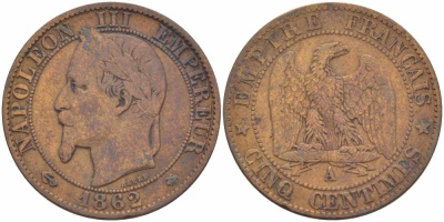 ФРАНЦИЯ 5 САНТИМОВ 1862 A, НАПОЛЕОН III (1852-1870) KM 797.1, LE FRANC 117.5 бронза 108-521