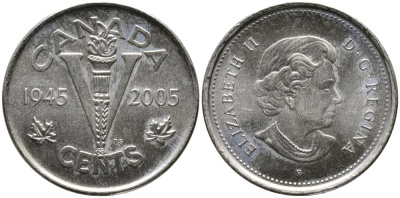 Канада 5 центов 2005 60 лет победы во Второй мировой войне KM 627 никель UNC 4543-721
