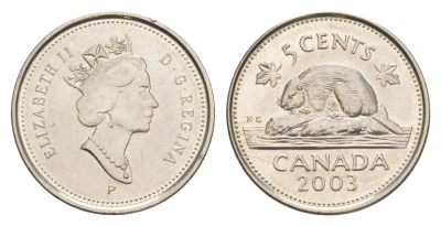 Канада 5 центов 2003 P, Елизавета II (1952-2022), бобр KM 182b сталь плакированная никелем UNC 4630-754