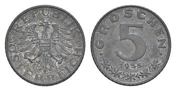 Австрия 5 грошей 1955 KM 2875 цинк aUNC 4567-227