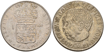 Швеция 1 крона 1969 U, Густав VI Адольф (1950-1973) KM 826a медь плакированный медно-никелем 4150-243
