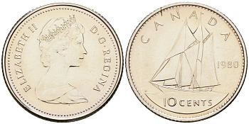 Канада 10 центов 1980 Елизавета II, парусник KM 77.2 никель  UNC  4147-355
