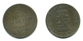 САКСОНИЯ АЛЬБЕРТИНСКАЯ 2 ГРОША 1851 F KM 1160 серебро 54-634