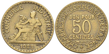 Франция 50 сантимов 1922 тип Chambre de Commerce KM 884, Le Franc 191.5 алюминиевая бронза 201-851