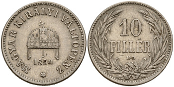 Венгрия 10 филлеров 1894 KB, Франц Иосиф I (1848-1916) KM 482 никель 4154-843