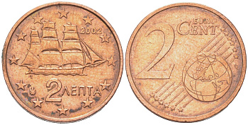 Греция 2 евроцента 2002 F - Франция, редкая KM 182 сталь плакированная медью 4614-724