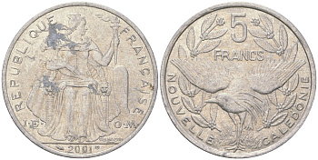 Французская Новая Каледония 5 франков 2001 птица кагу, (IEOM) KM 16, Schoen 12, Lec 81f алюминий 189-335