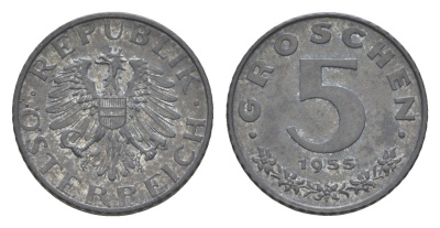 Австрия 5 грошей 1955 KM 2875 цинк aUNC 4567-227