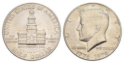 США 1/2 доллара (50 центов) 1976 200 лет независимости, Джон Кеннеди KM 205 медь плакированная медно-никелем aUNC 4545-441