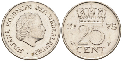 Нидерланды 25 центов 1975 Юлиана (1949-1980) KM 183 никель    4174-663