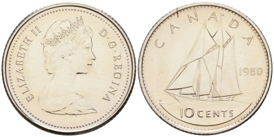 Канада 10 центов 1980 Елизавета II, парусник KM 77.2 никель  UNC  4147-355