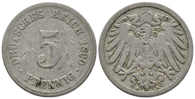 ГЕРМАНИЯ 5 ПФЕННИГОВ 1890 A KM 11, J. 12 медно-никель 39-633
