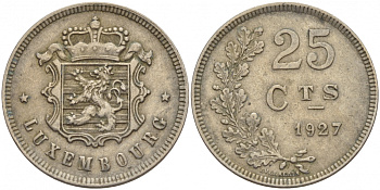 ЛЮКСЕМБУРГ 25 САНТИМОВ 1927 ГОД ТИП KM 37 медно-никель 4548-746