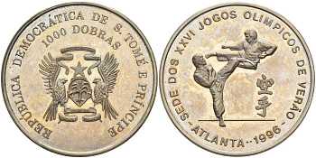 Сан-Томе и Принсипи 1000 добра 1996 XXVI Олимпийские игры 1996 года в Атланте, карате KM 58 медно-никель PROOF 4368-935