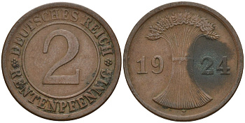 Германия 2 рентенпфеннига 1924 J KM 31, J. 307 бронза 4147-1247