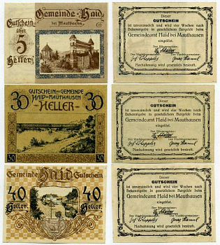 Австрия, Маутхаузен набор из 3 банкнот 5, 30, 40 геллеров ND нотгельд, ярмарочная коммуна в земле Верхняя Австрия   бумага  аUNC  7555-25-4-2